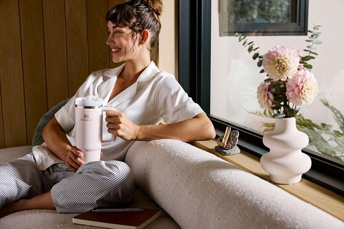 STANLEY Quencher H2.0 Flow State Tumbler, 40 oz, Rose Quartz Bouquets | Handle and Straw | 3-Position Lid | Cup Holder Compatible for Travel | Insulated Stainless Steel Cup | BPA-Free