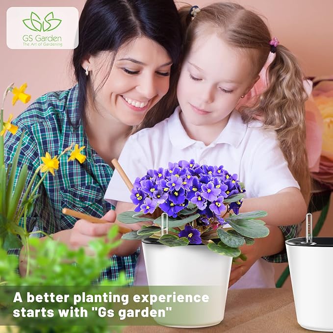 7 inch Plant Pots 3-Pack, Self Watering Flower Pots Indoor Outdoor, African Violet Pots Planters with Drainage Hole Saucer Reservoir, White