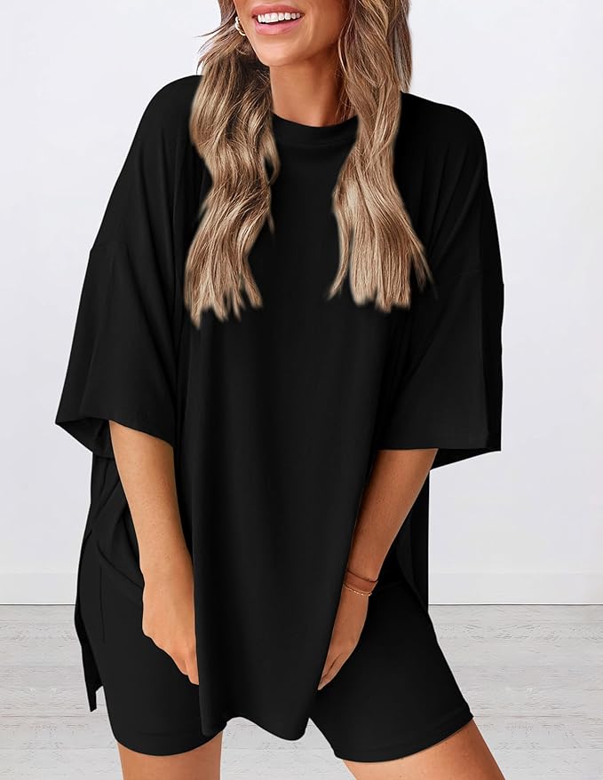 PRETTYGARDEN Women 2 Piece Lounge Set 2026 Summer Casual Oversized Shirts Biker Shorts Matching Airport Travel Outfit Clothes