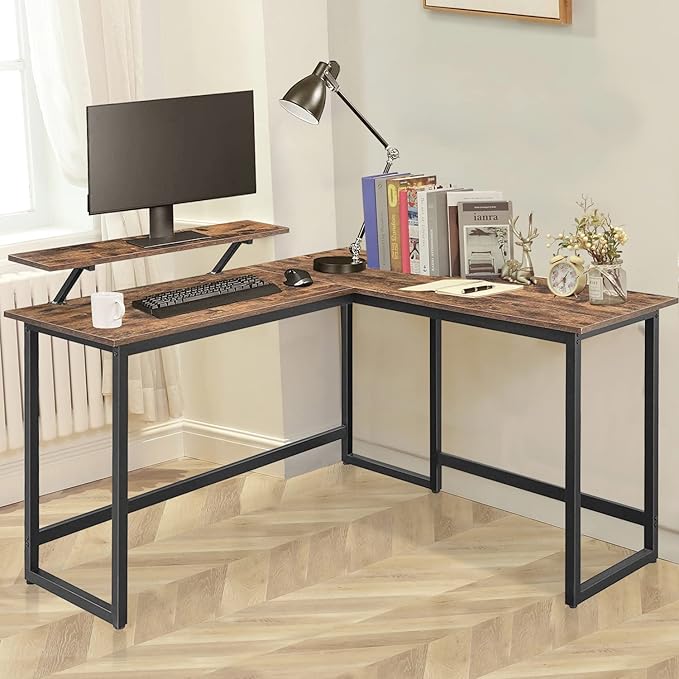 L Shape Computer Desk - Spacious 55 inch Corner Desk Home Office Desk Gaming Desk with Reversible Monitor Stand and Adjustable Feet, Easy Assembly, Rustic Brown