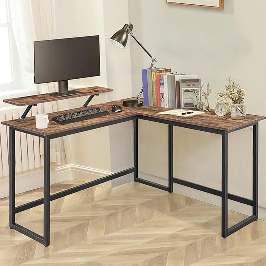 L Shape Computer Desk - Spacious 55 inch Corner Desk Home Office Desk Gaming Desk with Reversible Monitor Stand and Adjustable Feet, Easy Assembly, Rustic Brown