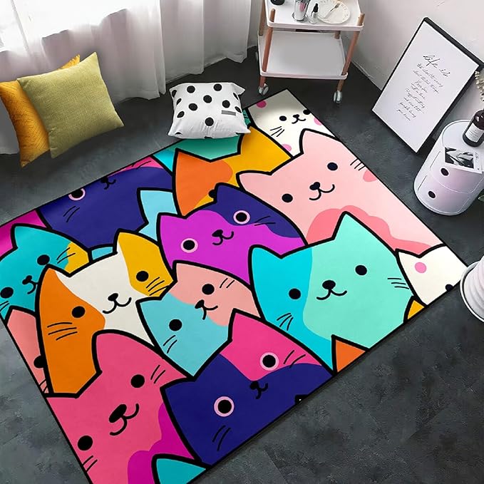 Cat Rug for Girls Bedroom - Cat Area Rug Cartoon Cat Rug Carpet for Kids Room Cute Cat Rugs Room Decor Colorful Anime Rug with Cat Printed, 4.5x6 Feet