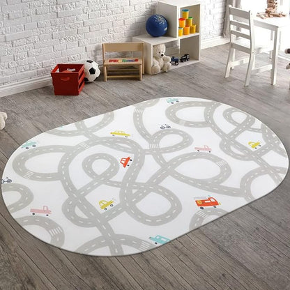 Road Traffic Kids Rug Children Playing with Cars Playmat 3x5 Ft, Washable Play Carpet for Kids Playroom, Non-Slip Have Fun Safe Baby Nursery Rug for Toddler Boy's Bedroom Game Room Grey