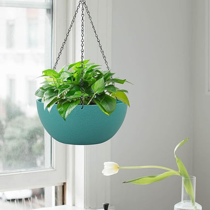 10 inch Hanging Planters for Outdoor Indoor Plants with Drainage Holes and Chain, 2 Pack Round Hanging Flower Pots for Garden Home Porch Decor, Blue Green