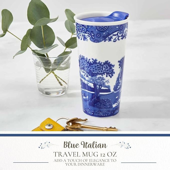 Spode Blue Italian Travel Mug | 12-Ounce Capacity | Made of Porcelain | Travel Tumbler for Coffee and Tea | Hot Water Cup | Dishwasher and Microwave Safe