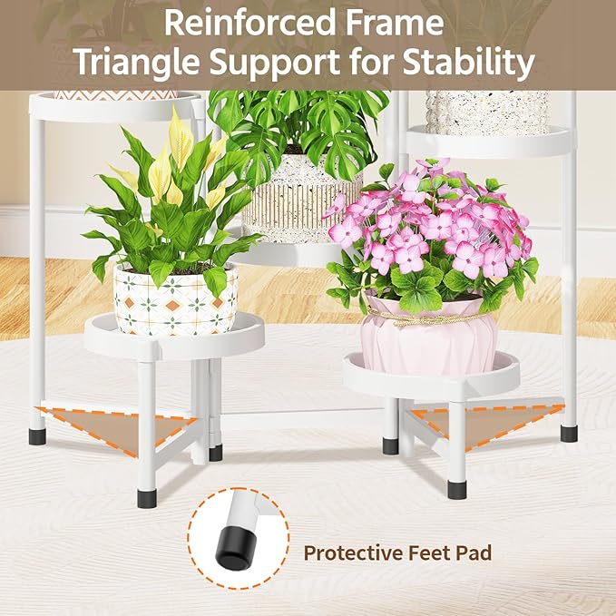LASZOLA 7 Tiered Folding Plant Stand Indoor for Multiple Large Planter, Tall Heavy Duty Adjustable Rack with Rust Proof Plastic Shelving, Sturdy Vertical Tree Organizer for Narrow Inside Floor, White