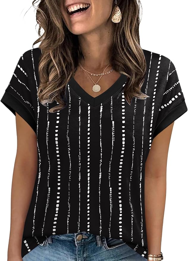 WIHOLL Womens Summer Tops 2026 Cap Short Sleeve Shirs V Neck T Shirts Fashion Beach Vacation Clothes Color Block