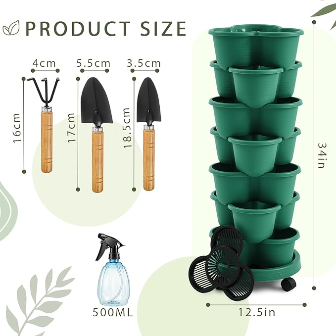 Umigy 2 Set Dark Green 7 Tier Stackable Vertical Planters with Removable Wheels and Tools Tower Planters Strawberry Herb Flower Vegetable Pots Indoor Outdoor Gardening Pots