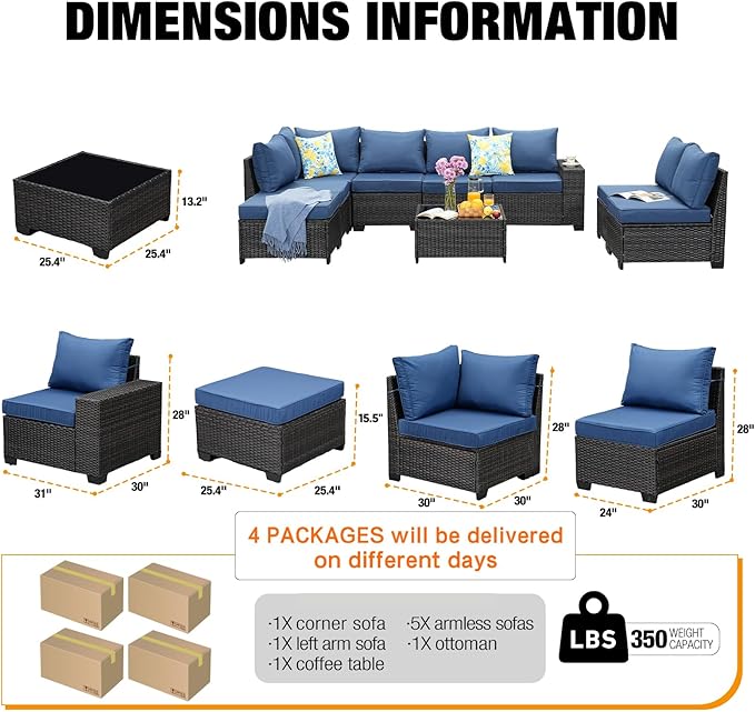9 Pieces Patio Furniture Set All-Weather Outdoor Wicker Sectional Conversation Sofa Rattan Patio Seating Sofa with Cushion and Glass Table and Ottoman for Porch Poolside,Navy