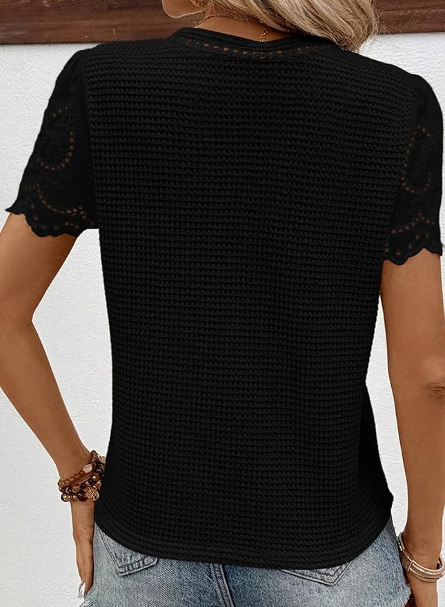 SHEWIN Womens Frenchy Summer Tops Crewneck Short Sleeve T Shirts Casual Waffle Knit Jacquard Blouses Top Shirts
