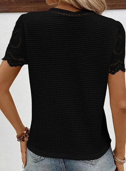 SHEWIN Womens Frenchy Summer Tops Crewneck Short Sleeve T Shirts Casual Waffle Knit Jacquard Blouses Top Shirts