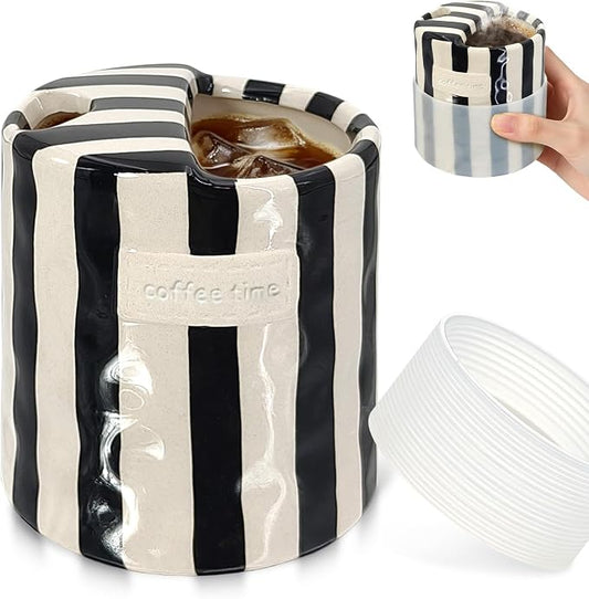 10 oz Ceramic Coffee Mug with Sip Hole & Silicone Sleeve, Black | Cute Hand-Painted Striped Porcelain, Gift for Coffee Lover, Cold & Hot Drinks, Microwave & Dishwasher Safe