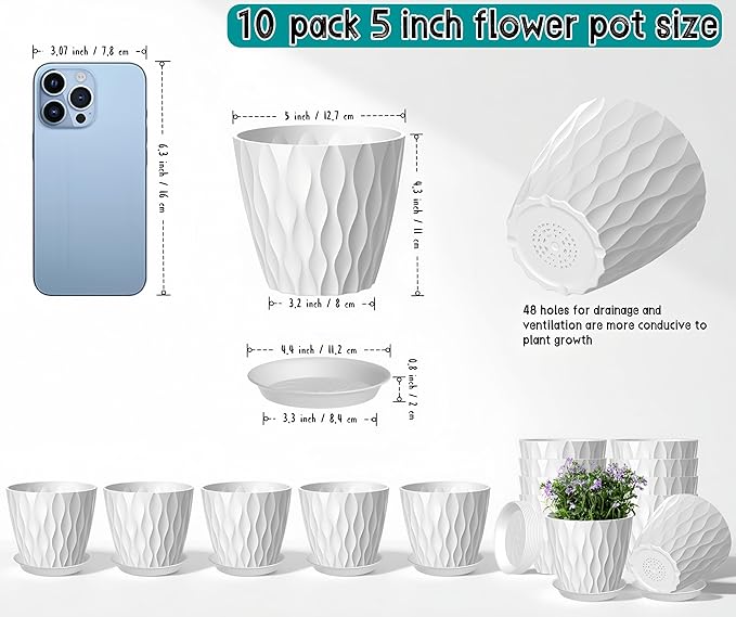 10 Pack 5 Inch Plant Pots with Drainage and Saucers, White Plastic Flower Pots for Indoor and Outdoor Plants, Stackable Nursery Planters for Houseplants and Herbs, White