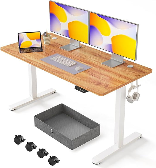 FEZIBO 55 x 24 Inches Standing Desk with Drawer, Adjustable Height Electric Stand up Desk with Storage, Sit Stand Home Office Desk, Ergonomic Computer Desk, Light Rustic