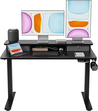 BANTI 48x24 Inch Electric Standing Desk with Double Drawers, Adjustable Height Stand Up Desk, Sit Stand Home Office Desk with Storage Shelf, Black Top