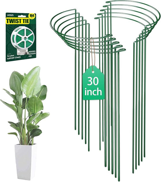 10 Pack 30 Inch Plant Support Stakes, Heavy-Duty Half Round Peony Support Ring Cage, Metal Garden Plant Stakes for Outdoor Plants - Peony, Tomato, Hydrangea with Cuttable Plant Ties