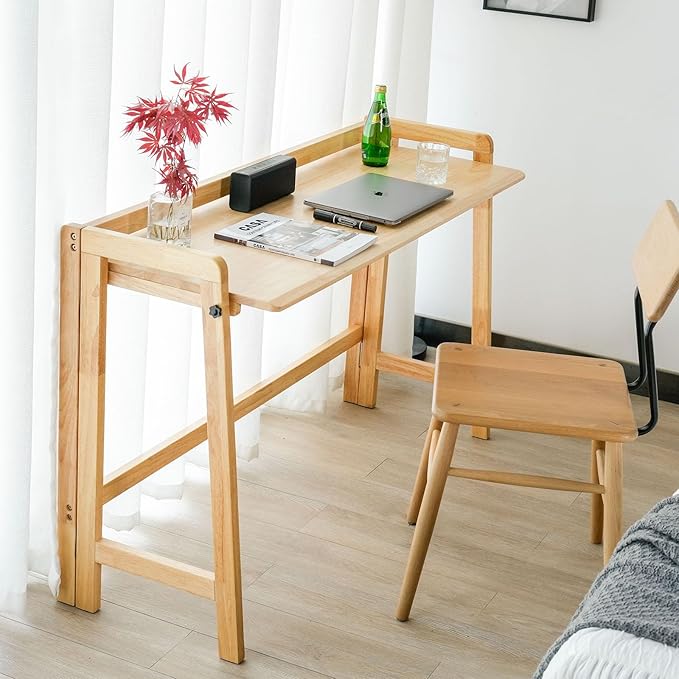 Computer Desk, Foldable Desk, Home Office Desks, Solid Wood Writing Desk, Mid Century Modern Desks, Oak Study Table, Folding Desks for Small Spaces, 47.2 W x 27.6 H x 13.6 D Inches, Natural