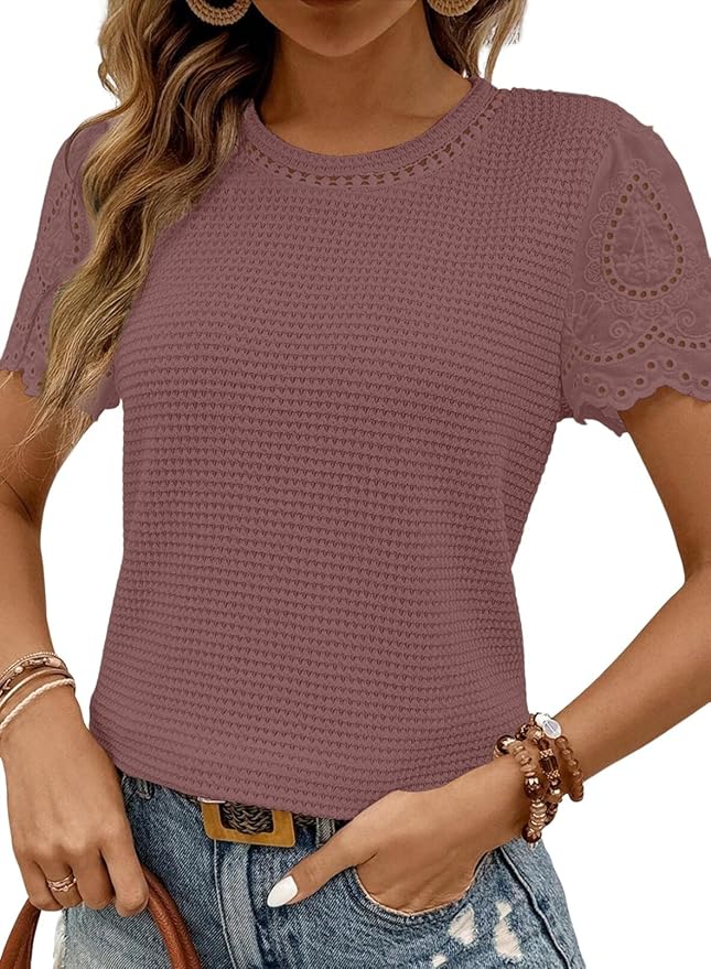 SHEWIN Womens Frenchy Summer Tops Crewneck Short Sleeve T Shirts Casual Waffle Knit Jacquard Blouses Top Shirts