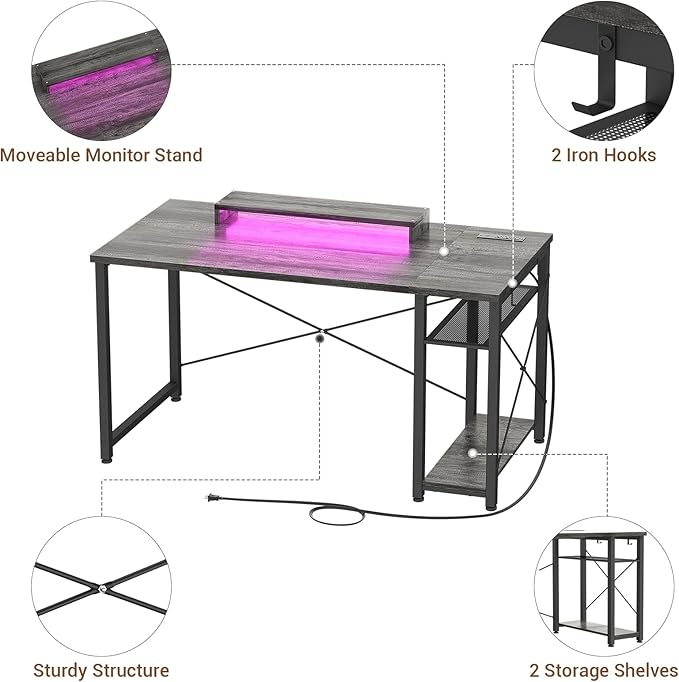 armocity Computer Desk with LED Lights, Gaming Desk with Power Outlet and USB, 40 Reversible Laptop Table with Moveable Monitor Stand, Small Desk for Small Spaces, Office, Gaming Room, Grey