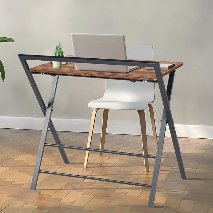Folding Desk, Foldable Table Space Saving Computer Sturdy Writing Table Workstation for Home Office with Metal Frames/Wood Top Laptop, No Assembly Required, Brown