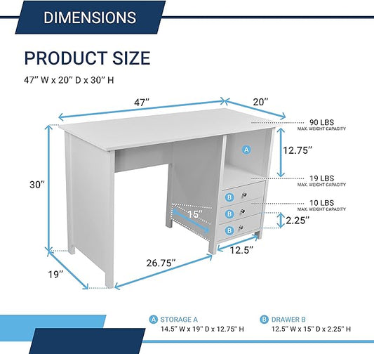 Techni Mobili White Desk with Drawers - Small Office Desk with 3 Cabinet Drawers, Open Shelf, & Laminated Wooden Panels Office & Study Table for Bedroom & Workstations