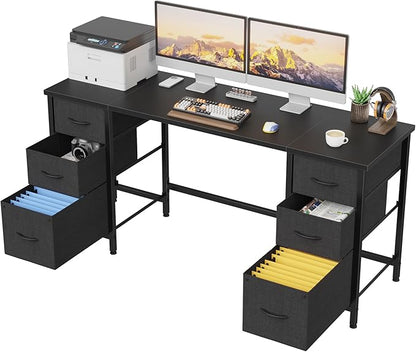 63'' Office Desk with 6 Fabric File Drawers - File Drawer Organization, Computer Work Desk, Study Writing Table, Home Office Workstation, Black