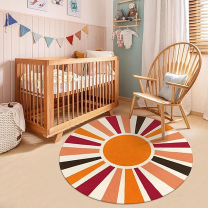 Round Washable Rug 4 Ft Small Round Rug for Kids Room, Orange Sun Circle Rug for Playroom, Non-Slip Circular Office Carpet Soft Rainbow Rug for Bedroom Reading Corner Dorm