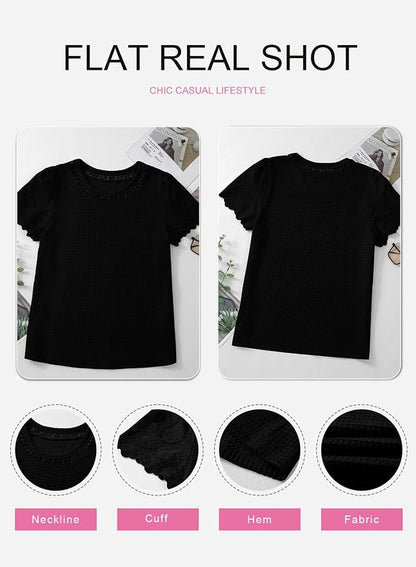 SHEWIN Womens Frenchy Summer Tops Crewneck Short Sleeve T Shirts Casual Waffle Knit Jacquard Blouses Top Shirts