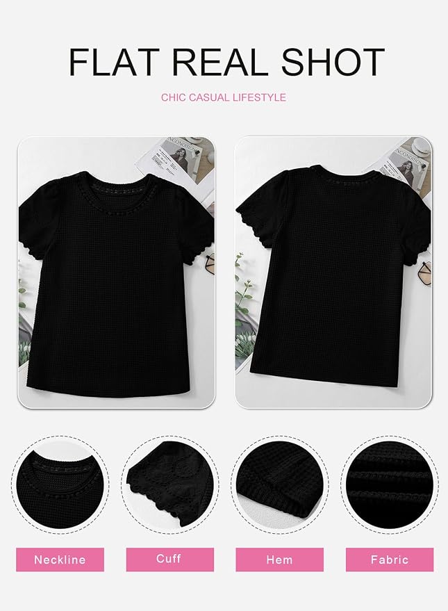 SHEWIN Womens Frenchy Summer Tops Crewneck Short Sleeve T Shirts Casual Waffle Knit Jacquard Blouses Top Shirts