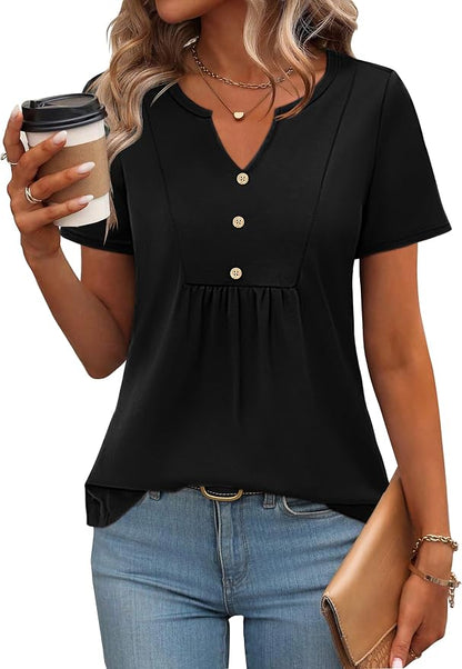 Zeagoo Womens Short Sleeve Tops Summer Henley V-Neck Tshirts Casual Pleated Blouse Dressy Loose Floral Basic Tee