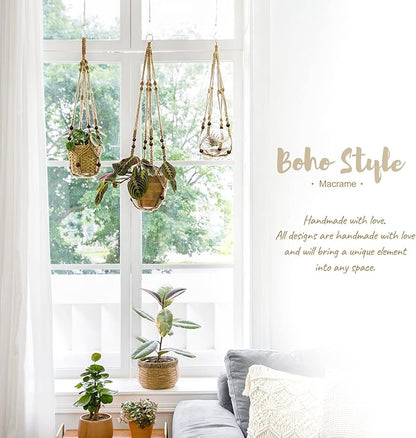 Mkono Macrame Plant Hanger Indoor Jute Hanging Planter Basket with Wood Beads Decorative Flower Pot Holder No Tassels for Indoor Outdoor Boho Home Decor 35 Inch, Brown, Set of 1 (POTS NOT Included)