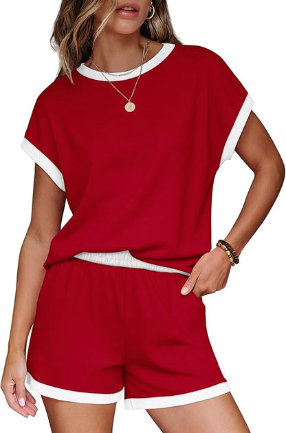 WIHOLL Two Piece Sets for Women Summer Lounge Short Sets Cap Sleeve Crew Neck Sweatsuit with Pocket XS-2XL