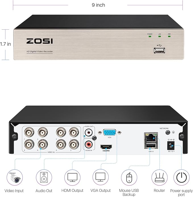 ZOSI 8CH 1080P Home Security DVR with 500GB Hard Drive, AI Human/Vehicle Detection, Remote Access, H.265+ Hybrid 4-in-1 Wired Surveillance DVR for HD-TVI, CVI, CVBS, AHD 960H/720P/1080P CCTV Cameras