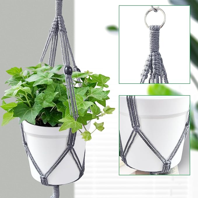 Belit 2 Pack Double Macrame Plant Hangers 2 Tier Hanging Planter Basket Decorative Flower Pot Holder Rope for Indoor Outdoor Home Decor 51 Inch, Grey