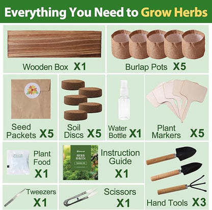 5 Herb Garden Planter Indoor with Wooden Box, Home Kitchen Seed Starter Kit Including Dill, Cilantro, Oregano, Sage, Chives, Birthday, Mothers Day, House Warming, Gardening Gifts for Women, Mom