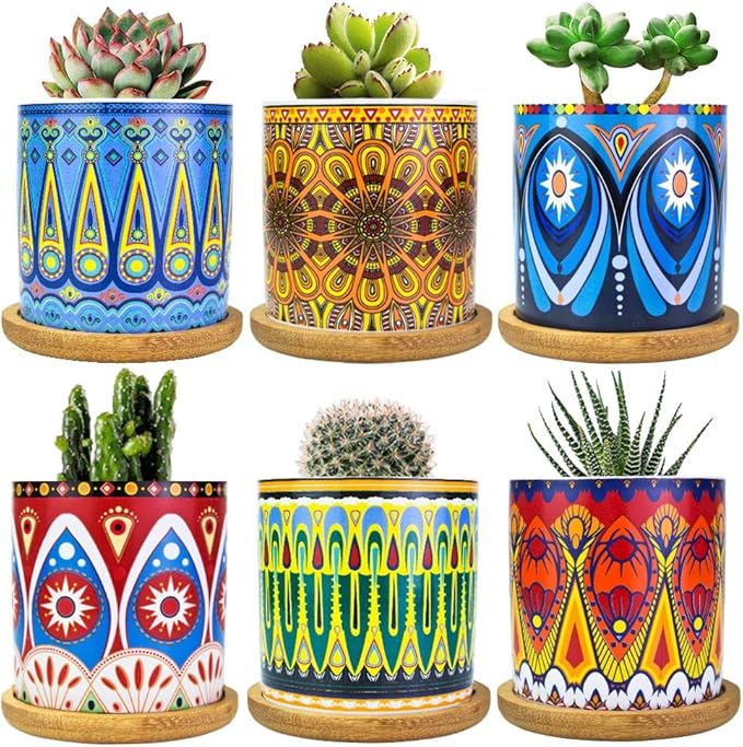 Mandala Succulent Pot with Drainage Hole & Bamboo Coaster, Small Plant Pots, Bohemian Ceramic Succulent Planter Pot for Small Plant-6 Pack
