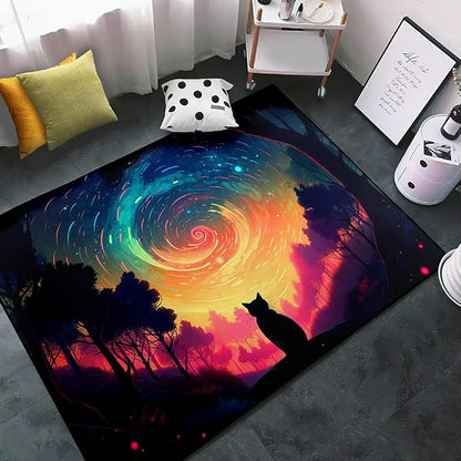 Moon Black Cat Rug - Mystical Stary Night Cat Rug for Kids Bedroom Colorful Black Cat Rug Decor Room Cat Door Mats Outdoor Entrance, 2.5x4 Feet