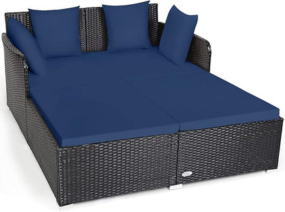 Tangkula Outdoor Rattan Daybed, Sunbed Wicker Furniture w/Spacious Seat, Upholstered Cushion & High-Resilience Sponge, Wicker Patio Sofa Set w/Extra Pillows for Courtyard Poolside (Navy)
