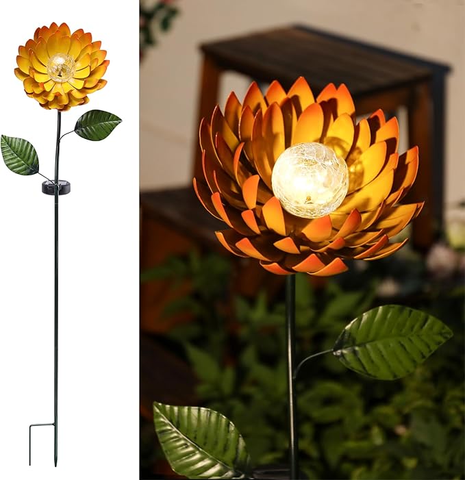 VCUTEKA Solar Garden Lights Metal Flower Decor Colorful Yellow Flowers Solar Pathway Light with LED Cracked Crystal Ball Outdoor Decorative Stake for Patio Yard Lawn