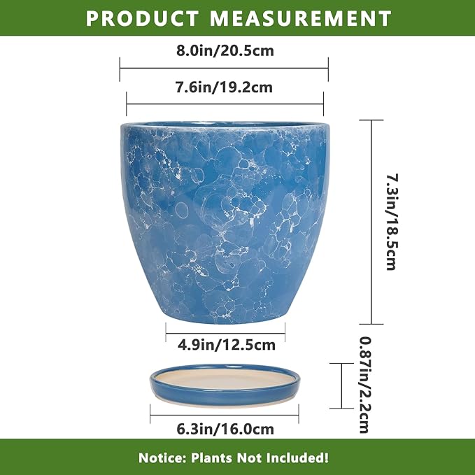 8 Inch Plant Pot - Ceraimc Planter for Indoor Outdoor Plants, Round Flower Pot with Drainage and Saucer, Decorative Planter, Porch Room Office House Decor, Gardening Gifts for Women, Blue
