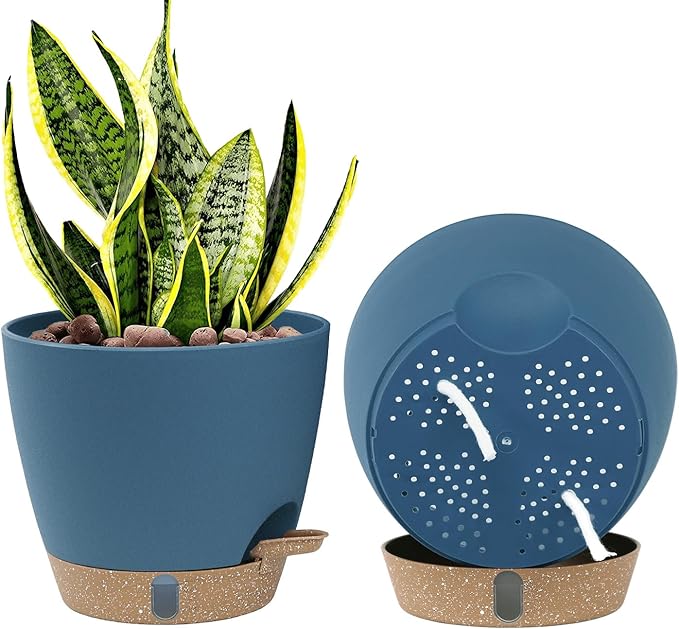 montresor 2-Pack of 8inch Self Watering Pots Blue Sturdy Plastic Flower Pot for Indoor Plants with Cotton Rope and Visual Water Storage Tray, Plastic Pots for Plants