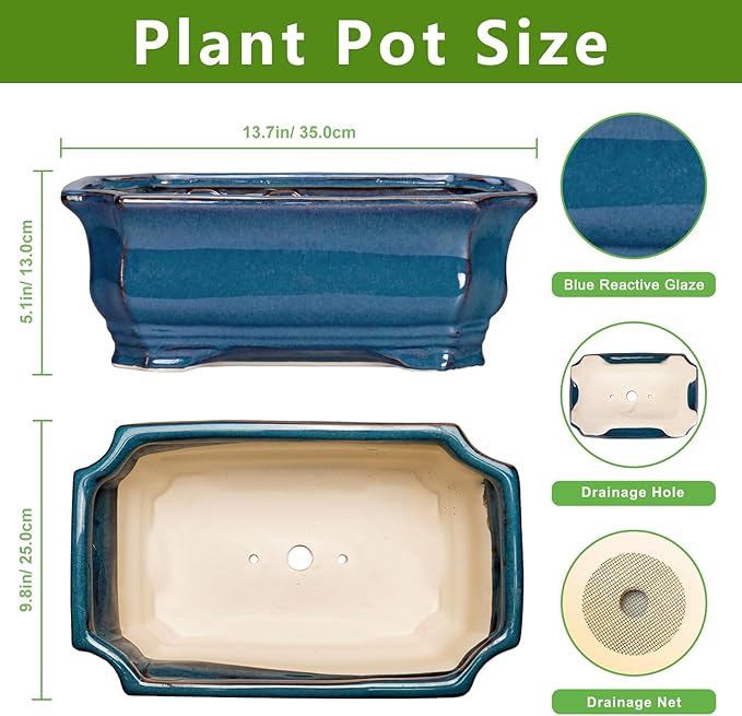 Bonsai Tree Pot - 13.7 Inch Large Ceramic Succulent Planter for Indoor Outdoor, Rectangle Plant Pot with Drainage Hole, Decorative Flower Pots, Home Decor, Gifts for Plant Lovers, Retro Blue