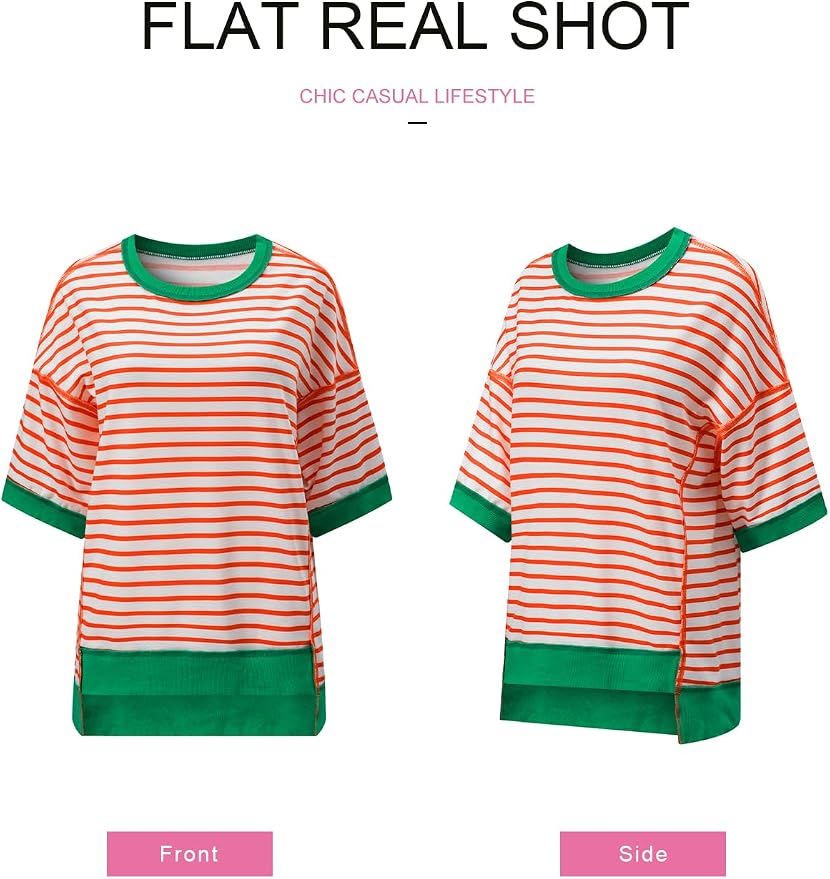 SHEWIN Womens Tops Casual Short Sleeve Sweatshirt Crewneck Striped Shirt Pullover T Shirts Loose Blouses