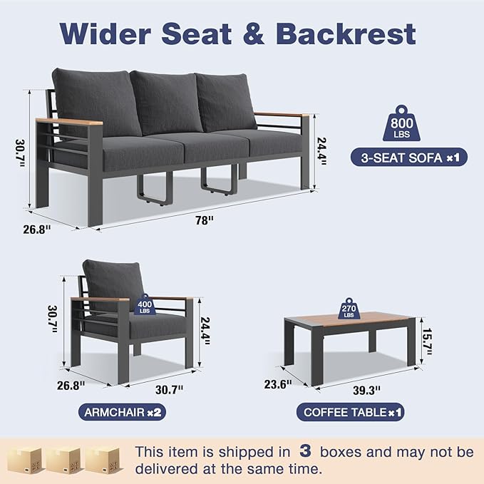 Aoxun Aluminum Patio Furniture Set 5 Seats, Oversized Outdoor Sectional with Washable Thick Cushions, Coffee Table, Patio Conversation Sets for Porch, Balcony, Deck