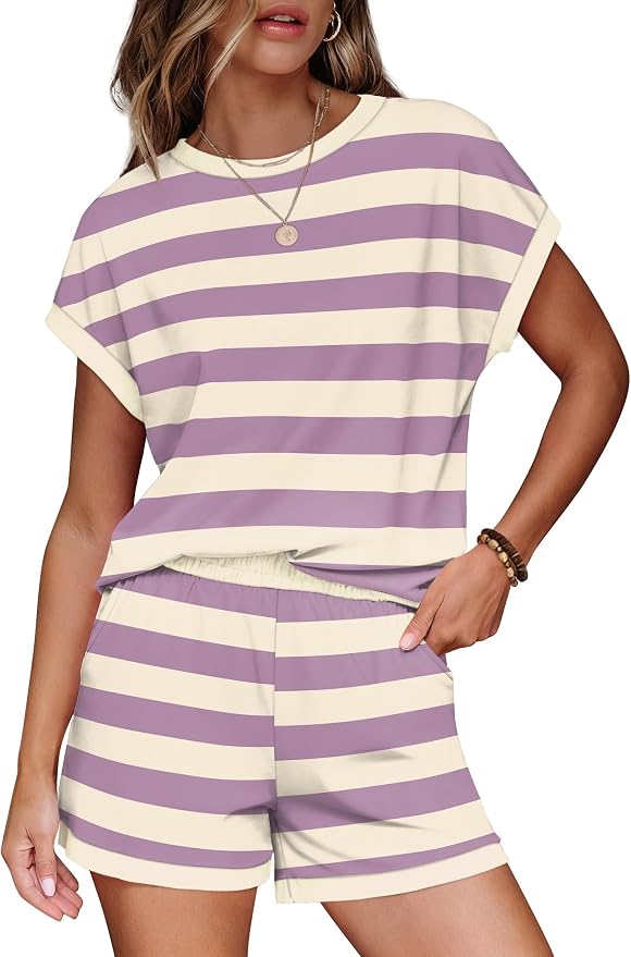 WIHOLL Two Piece Sets for Women Summer Lounge Short Sets Cap Sleeve Crew Neck Sweatsuit with Pocket XS-2XL