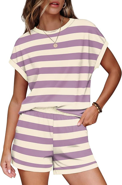 WIHOLL Two Piece Sets for Women Summer Lounge Short Sets Cap Sleeve Crew Neck Sweatsuit with Pocket XS-2XL