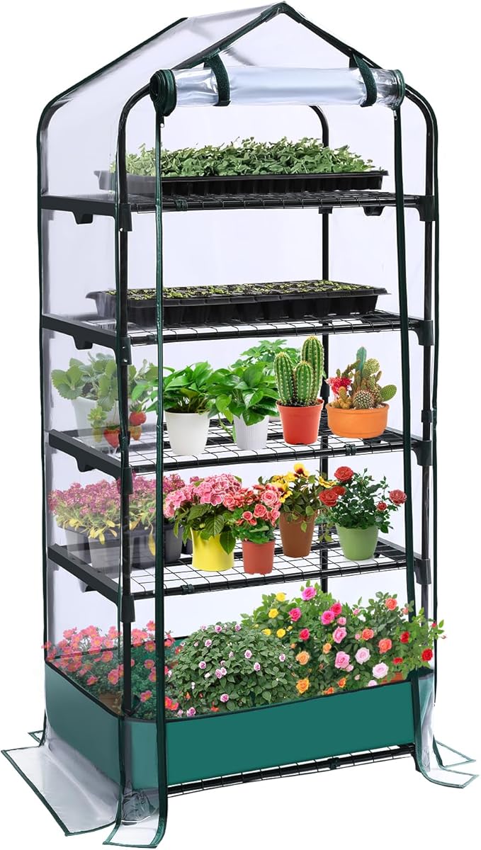 5 Tier Mini Greenhouse for Indoor Outdoor, Portable Green House with Durable PVC Cover and Shelves for Seedling, Heavy Duty Greenhouse with Waterproof Mat and Cover Tape, Gardening Gifts for Women Men