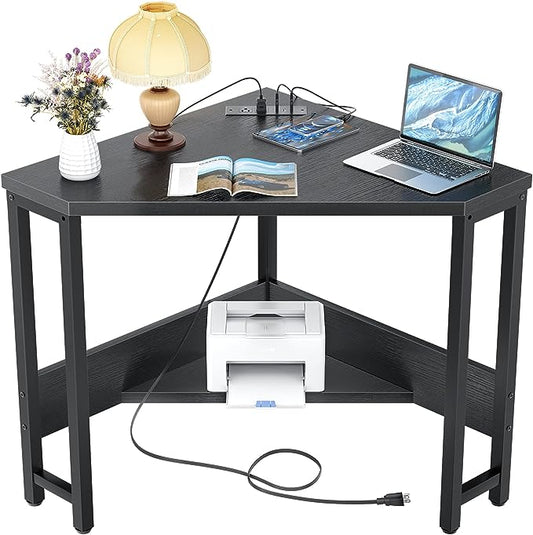 armocity Corner Desk Small Desk with Outlets Corner Table for Small Space, Corner Computer Desk with USB Ports Triangle Desk with Storage for Home Office, Workstation, Living Room, Bedroom, Black