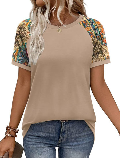 WIHOLL Womens Summer Tops Color Block Short Sleeve Raglan Shirts Spring Fashion Clothes Vacation Outfits