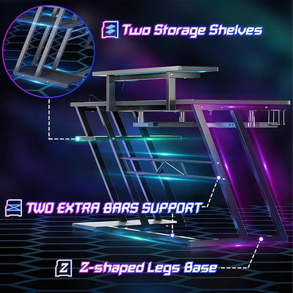 Gaming Desk with Shelves and Outlets, L Shaped Gaming Desk with LED Lights, Reversible L Shaped Computer Desk for Gamer, Carbon Fiber Black, 47"
